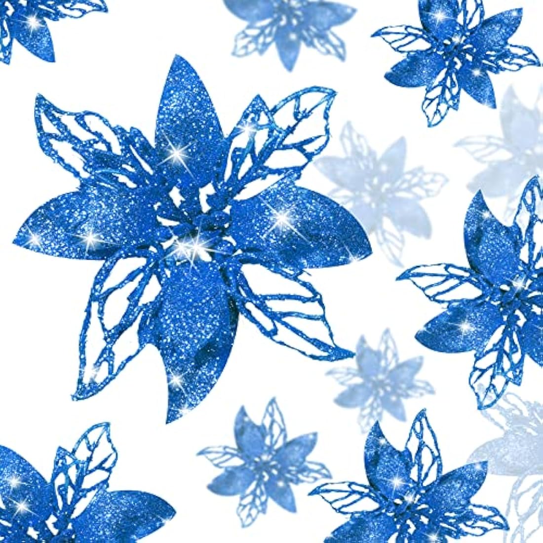 Blue Glitter Artificial Poinsettia Flowers - 24 Piece Set