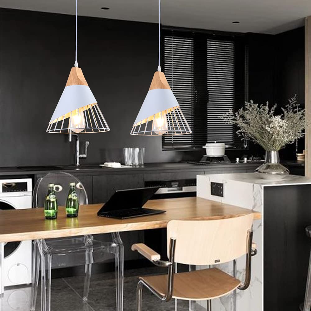 White Modern Pendant Light – Industrial Wood Hanging Fixture