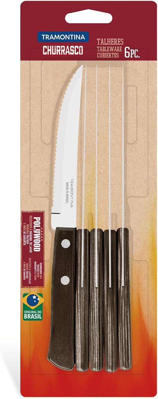 Tramontina 6-Piece Steak & Pizza Knife Set | Rustic Wooden Handles