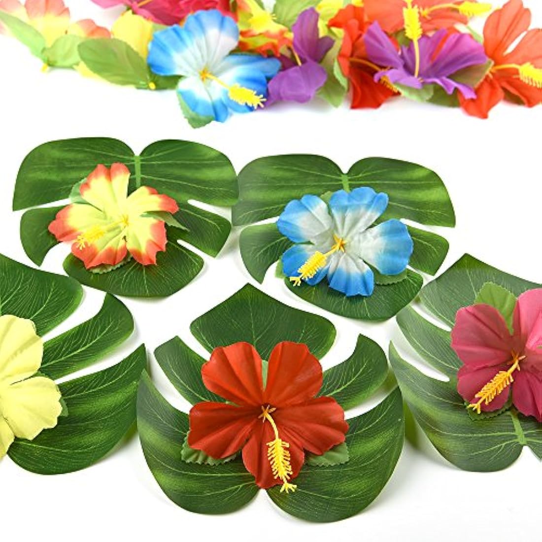 Jolof Store Tropical Palm Leaves & Hibiscus Flowers - 60 Pc Luau Decor