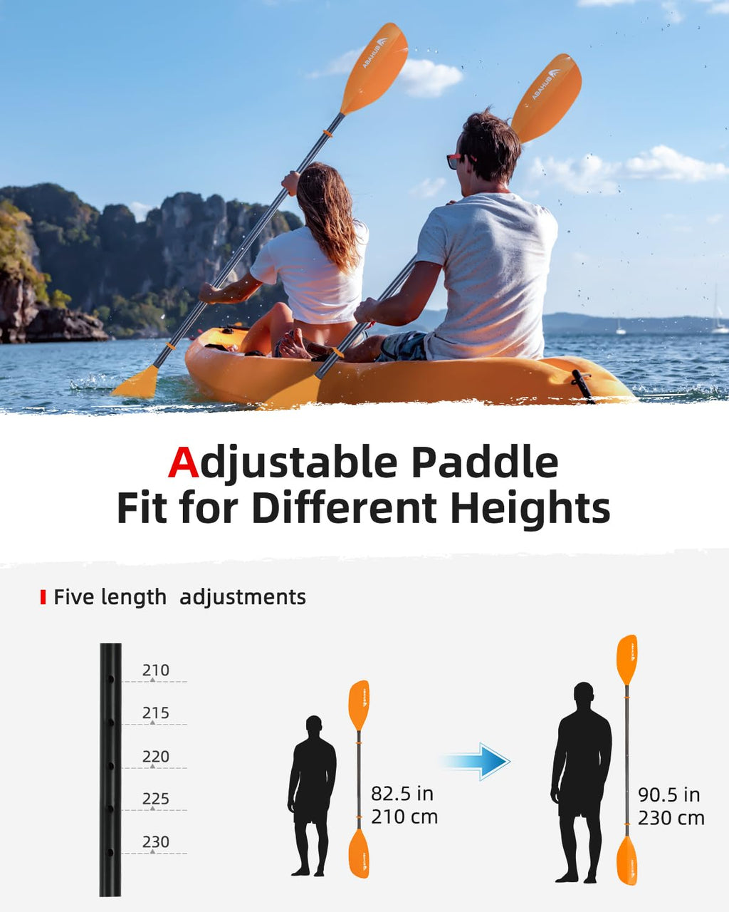 Abahub Adjustable Kayak Paddle | 210-230cm Aluminum Floating Oar – Orange