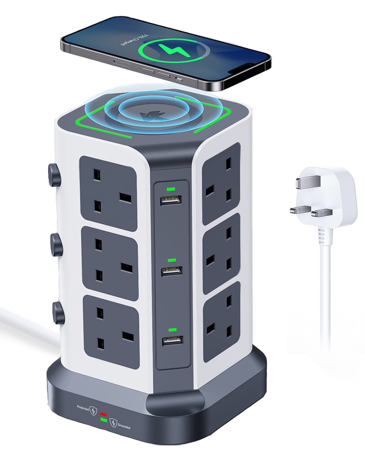 Tower Extension Lead: 12 AC Outlets, 6 USB & Wireless Charger