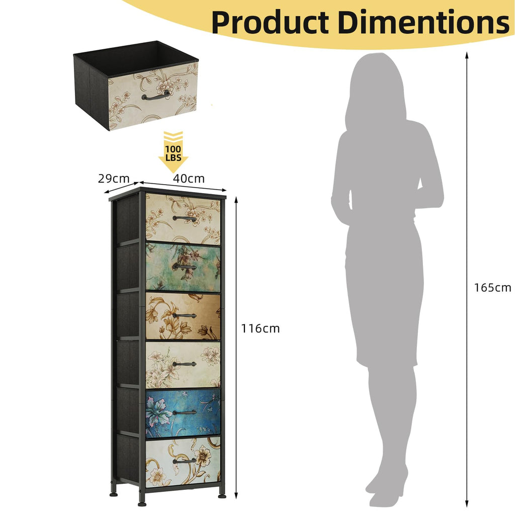 CAIYUN 6-Drawer Tall Fabric Dresser – Floral Print Chest of Drawers