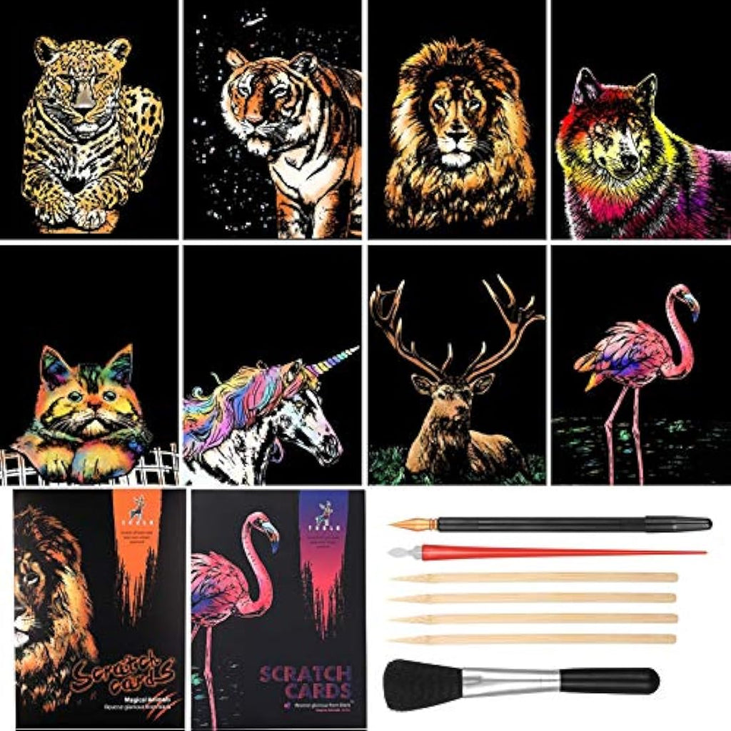Jolof Store 8PCS A4 Scratch Art Paper Set – Rainbow Animal Engraving Kit