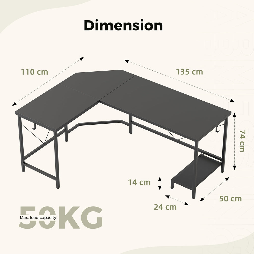 Mericonia L Shaped Desk, Diamond Design for Socket, 135x110cm, Black - image 3