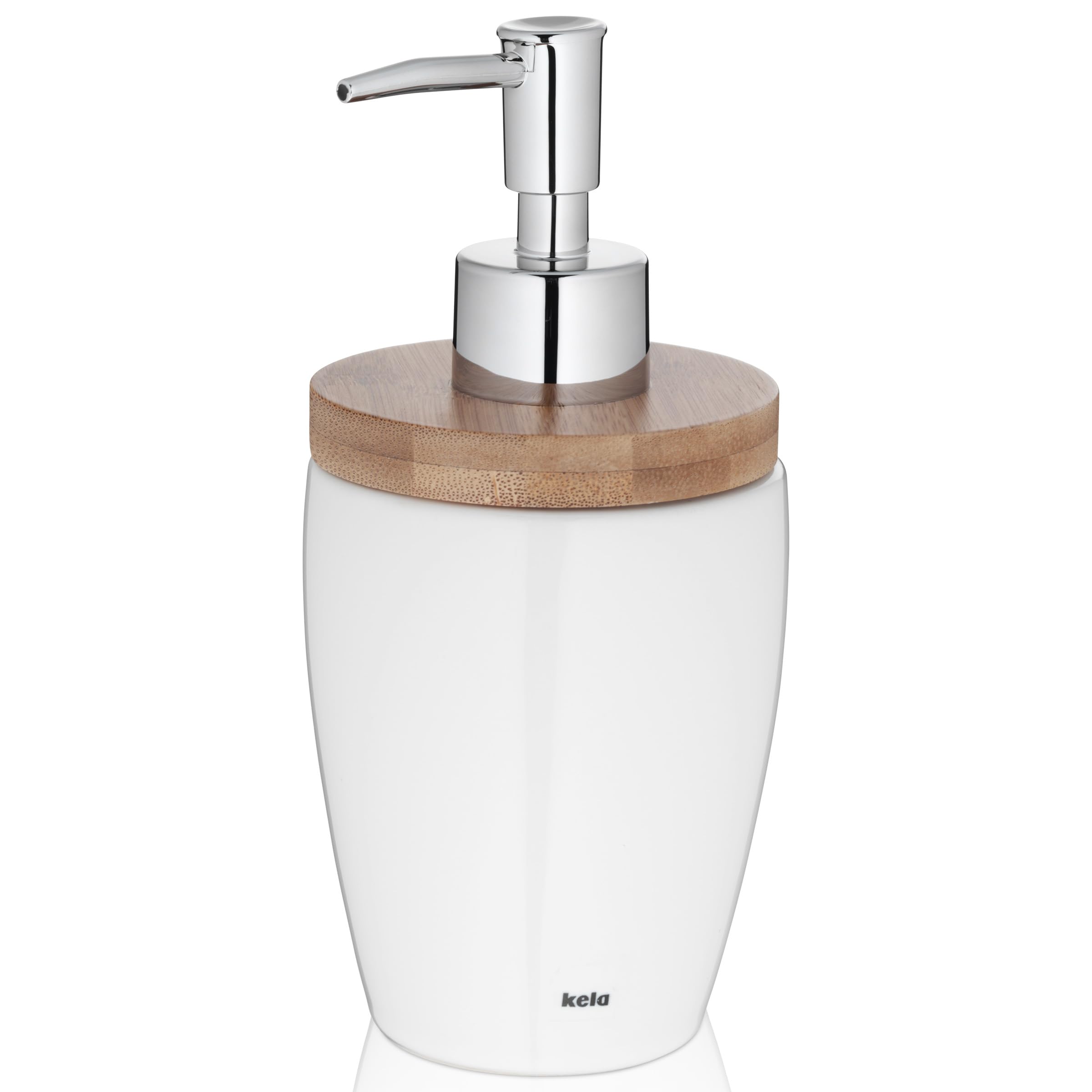 Kela Natura White Ceramic and Bamboo Soap Dispenser – Modern Bathroom