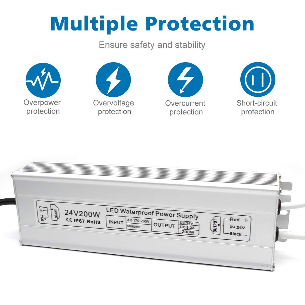 inShareplus 24V 200W LED Power Supply | IP67 Waterproof Outdoor Driver