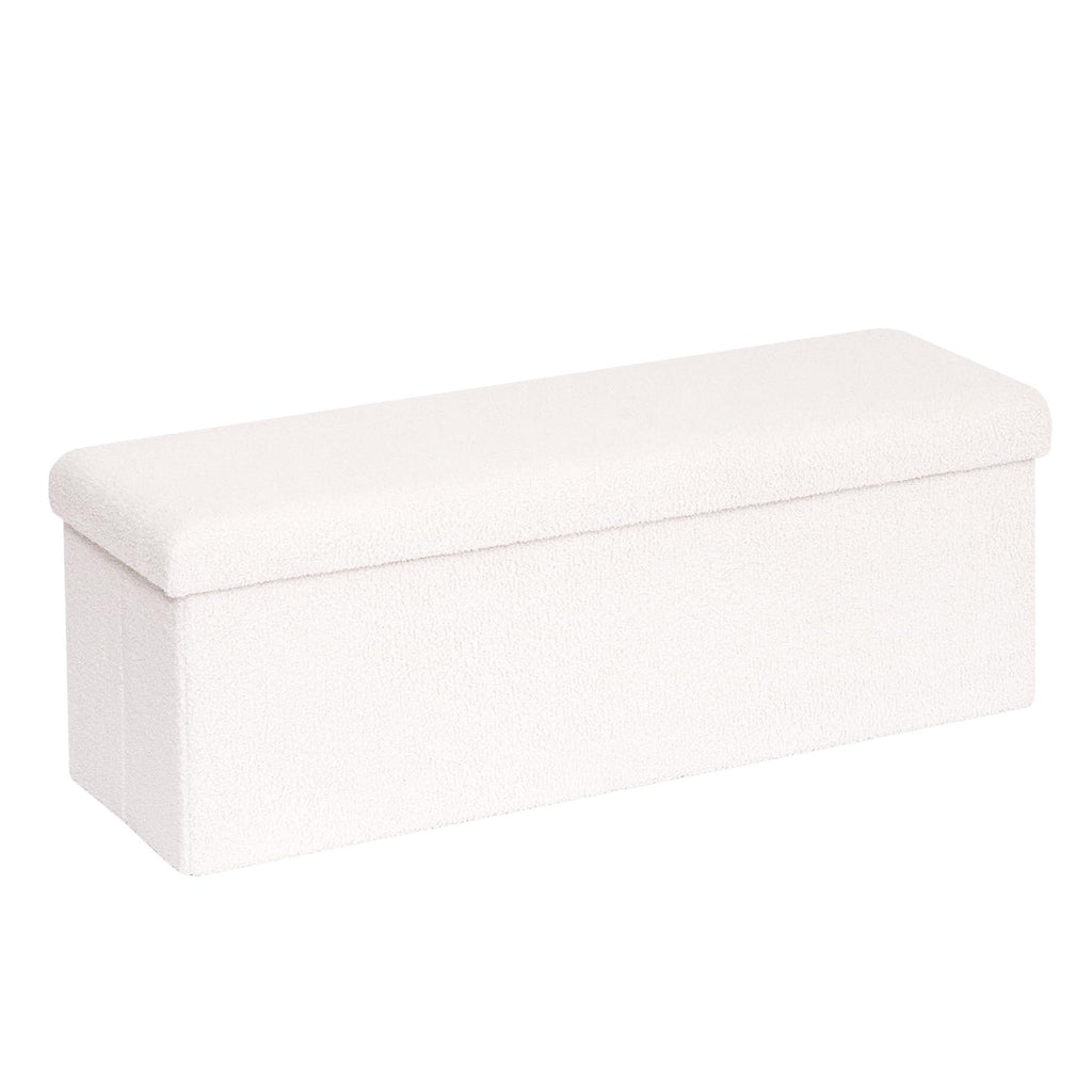Bonlife White Boucle Folding Storage Ottoman Bench - 110cm Sherpa Footstool