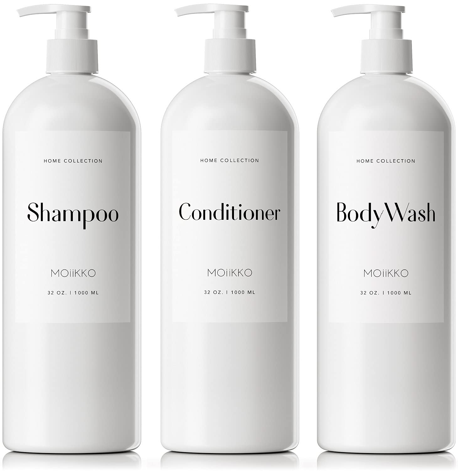 MOIIKKO 32oz Shampoo and Conditioner Dispenser Set – 3 Refillable Bottles
