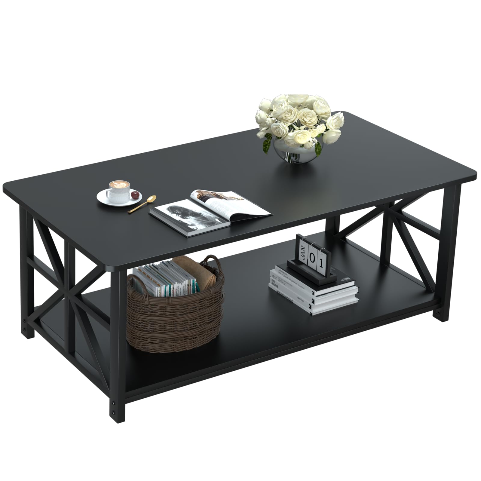 GreenForest 2-Tier Coffee Table – 100cm X-Frame Center Table, Black