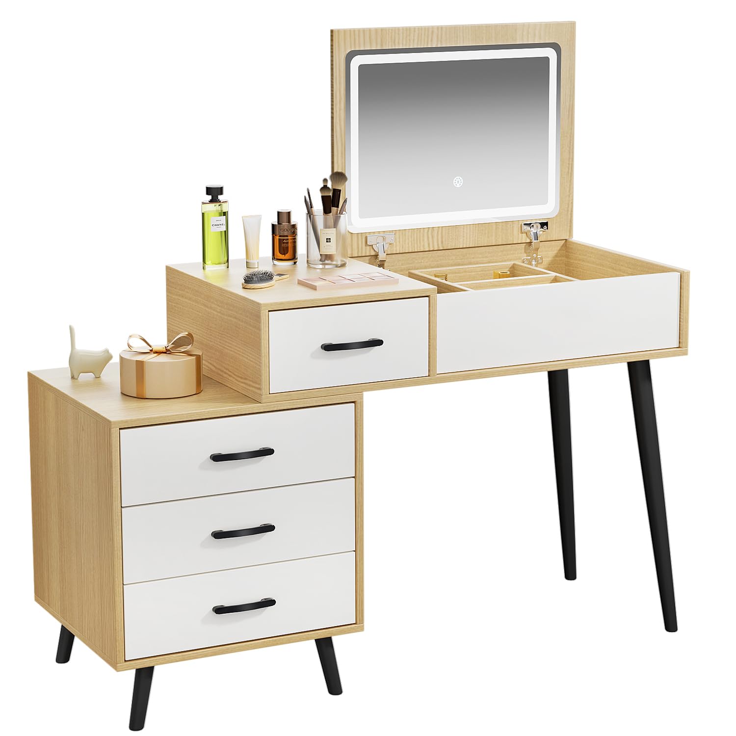 ZenkiHome Adjustable Vanity Desk with LED Mirror - Oak Dressing Table