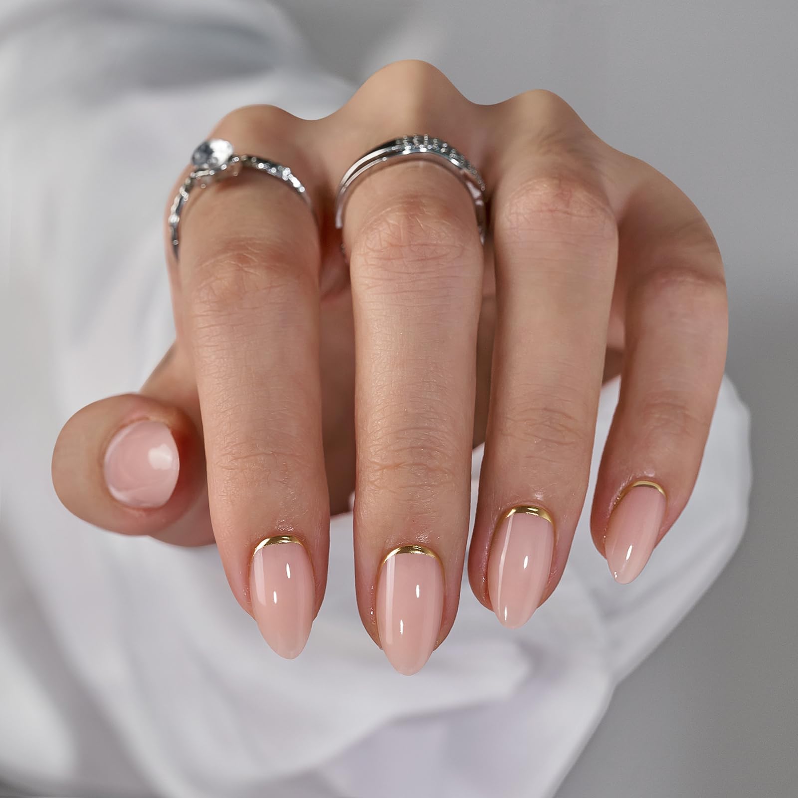 BTArtbox Short Almond Press on Nails – Gold Foil Gel Fake Nails, 30 Pcs