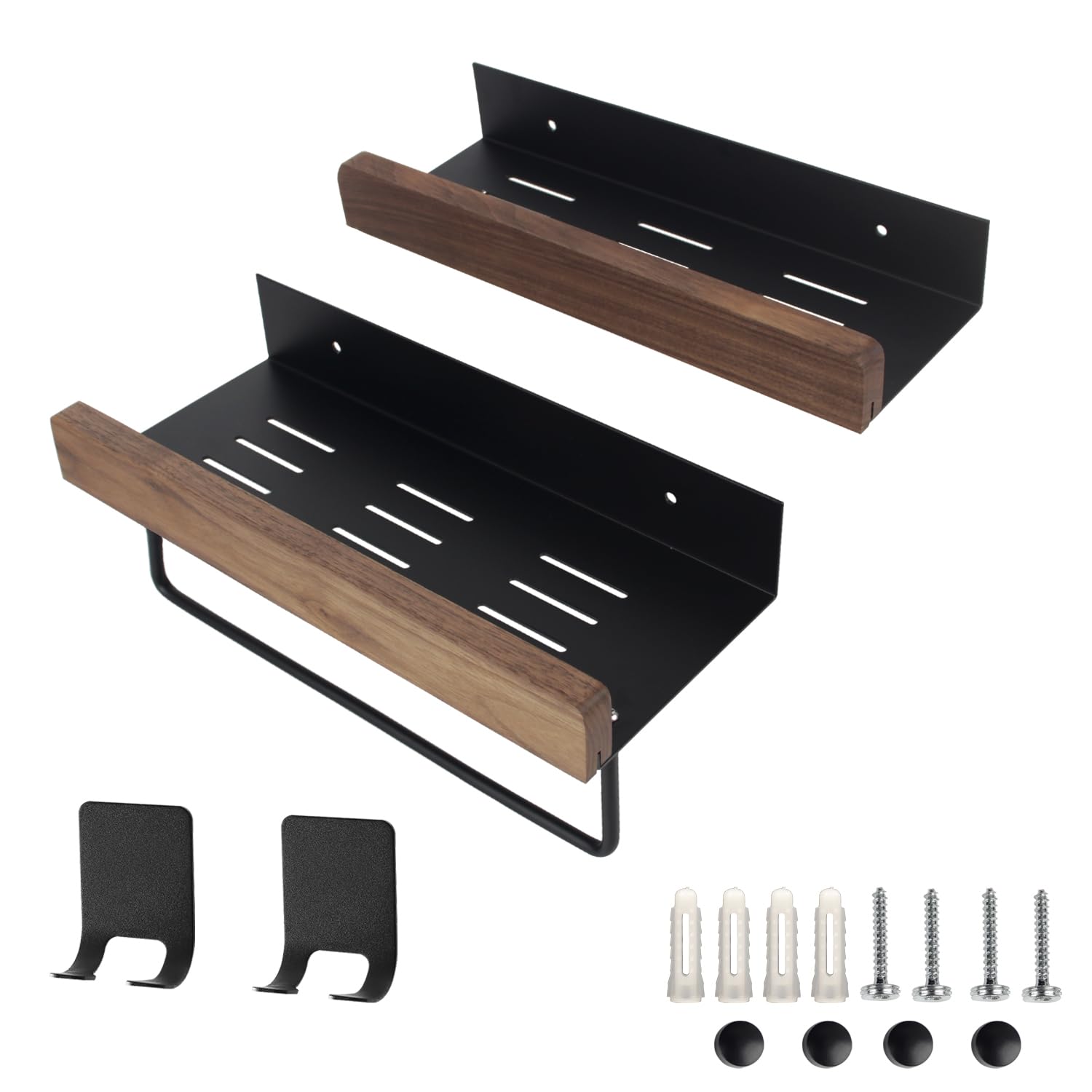 HQTS Black Aluminum Floating Bathroom Shelves with Towel Rail - 2 Pack