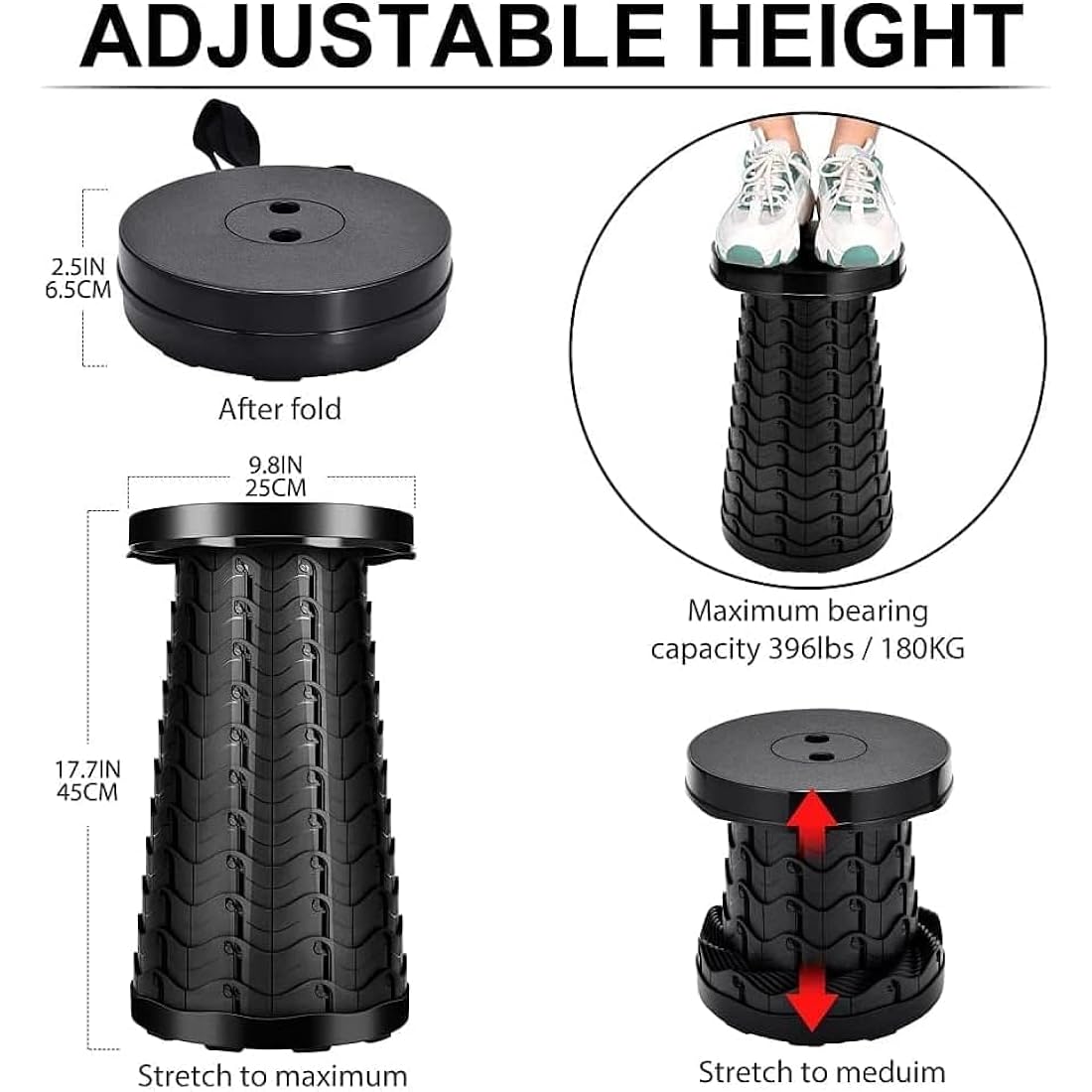 LUXJET Portable Telescopic Folding Stool – 180kg Capacity Retractable Seat
