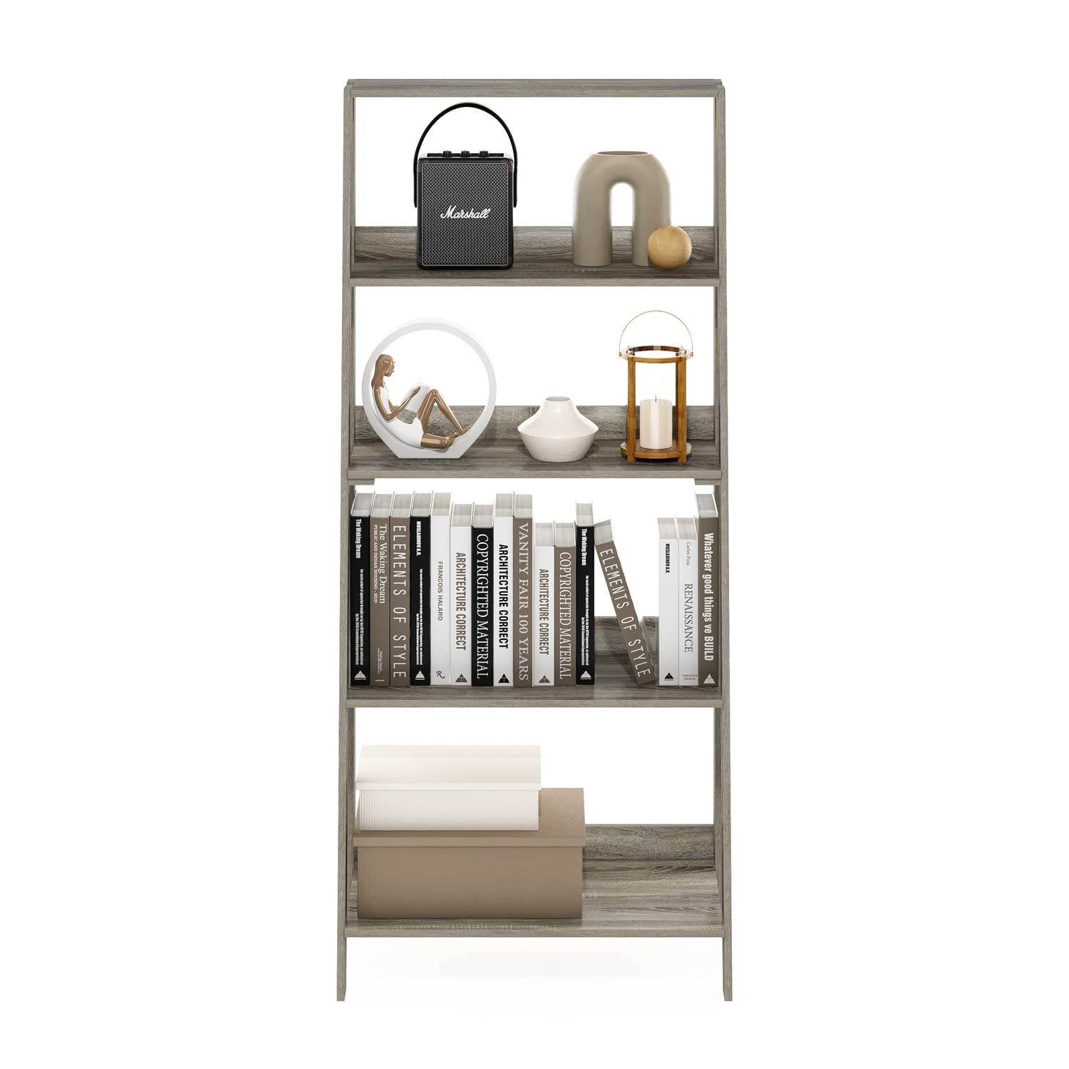 Furinno 5-Tier Ladder Bookcase | Modern Corner Display Shelf, French Oak
