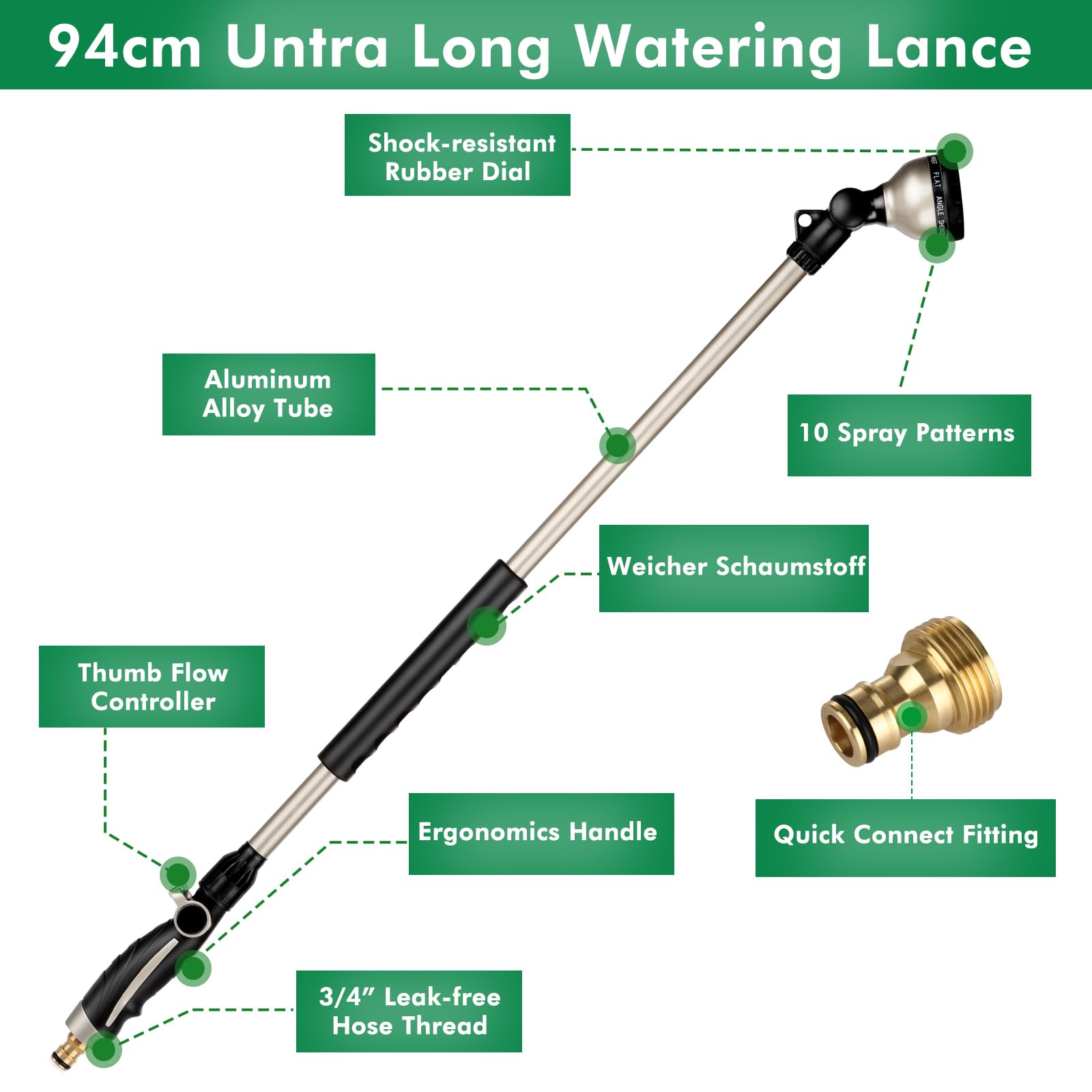 Restmo 94cm Heavy Duty Metal Watering Lance | 10 Pattern Garden Hose Wand