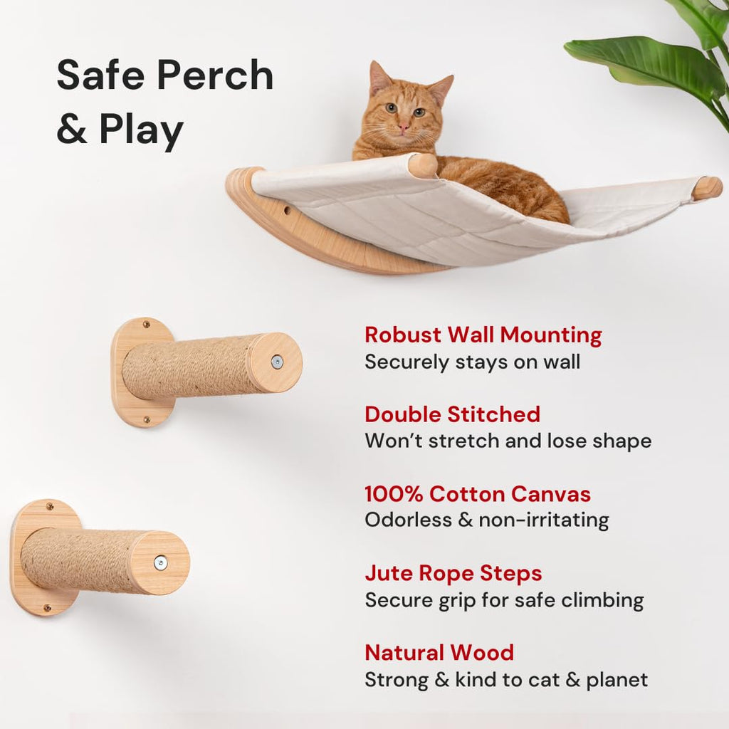 7 Ruby Road Wall Mounted Cat Hammock with 2 Steps - Modern Wood Perch