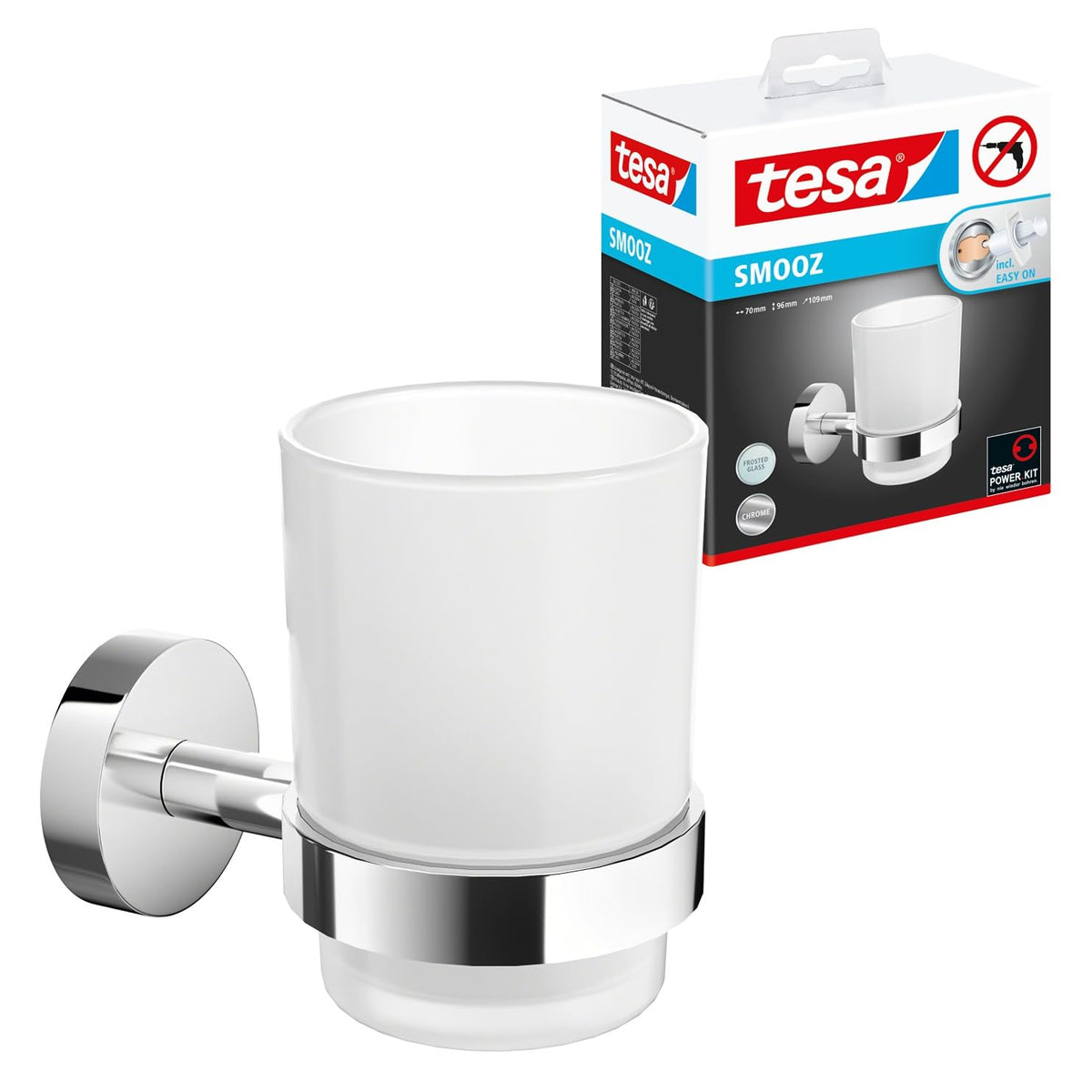 tesa SMOOZ Toothbrush and Toothpaste Holder - No Drill Wall Mounted Satined Cup with Chrome-Plated Holder, Stainless - Waterproof - image 1