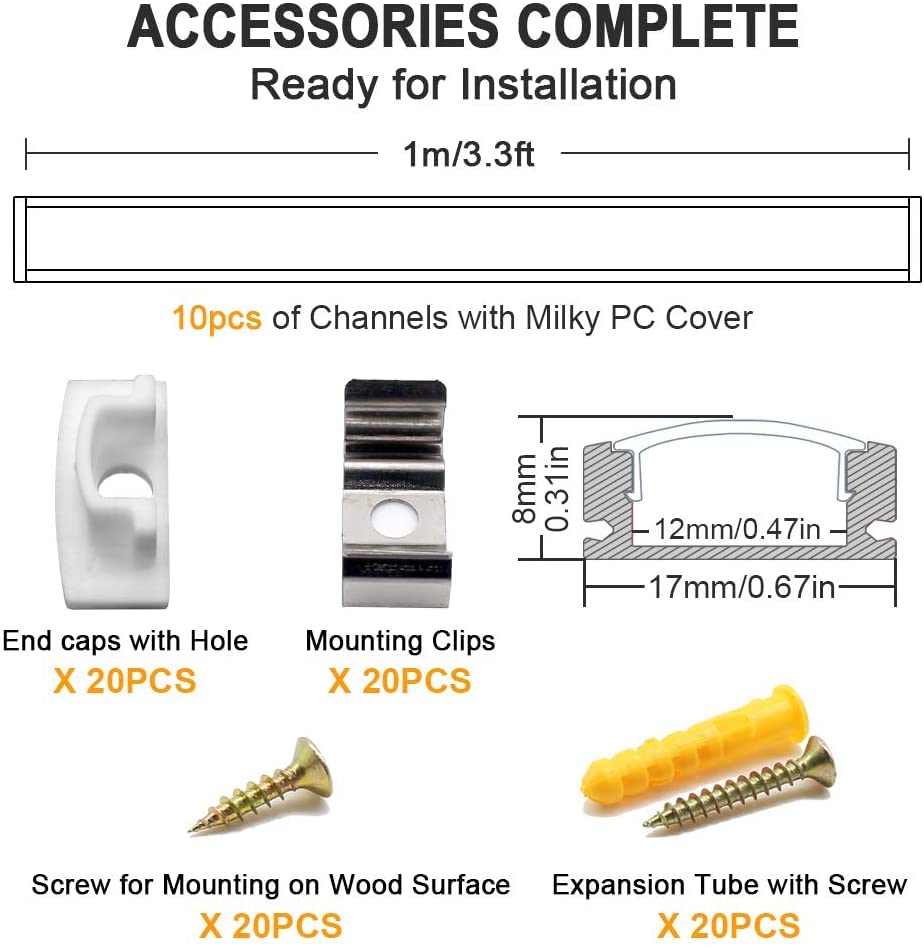 Jirvyuk LED Channel 10-Pack | 1m Aluminum Profile with Milky White Cover