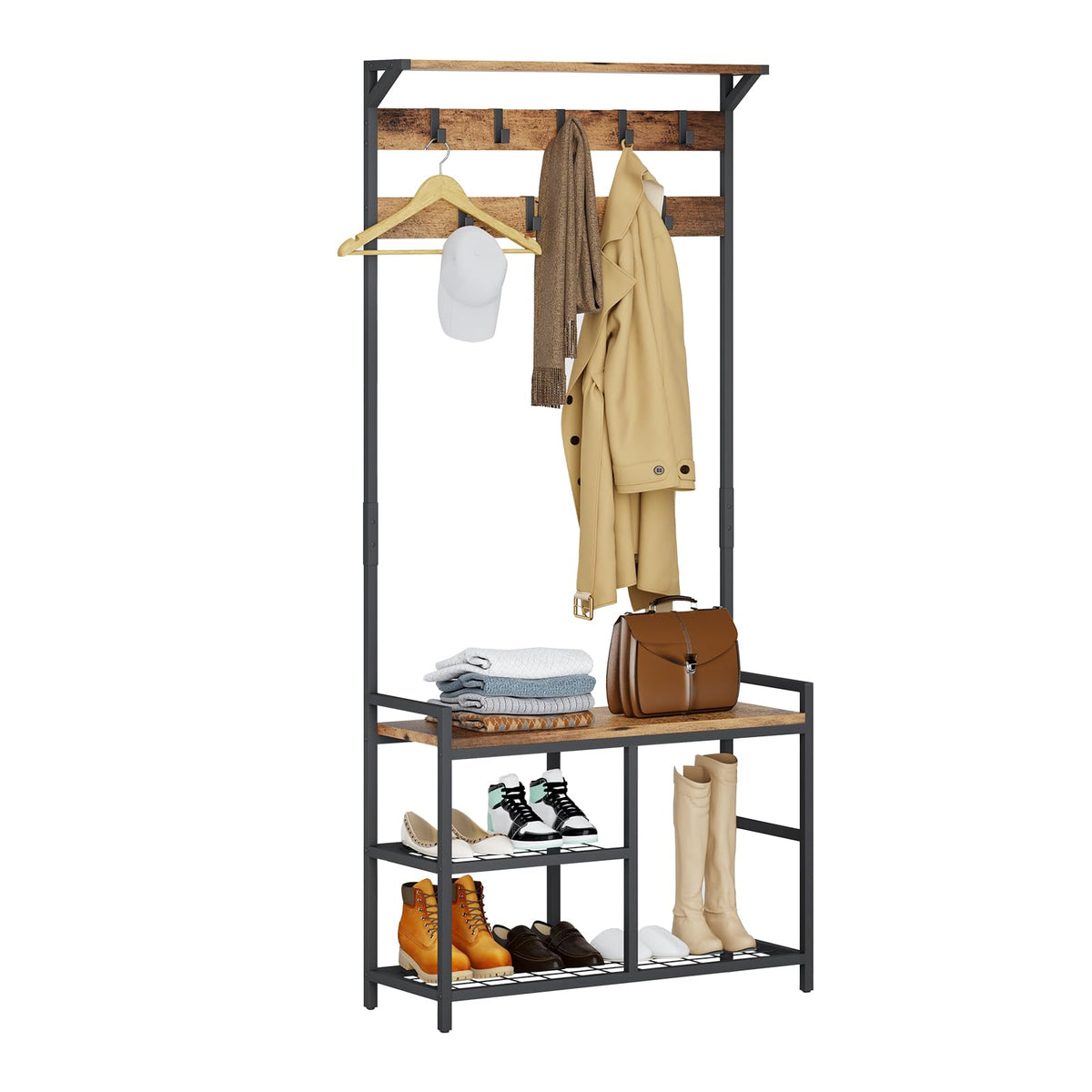 Industrial Coat Rack Freestanding Hall Tree 33"x12"x71.5" Rustic Brown - image 1