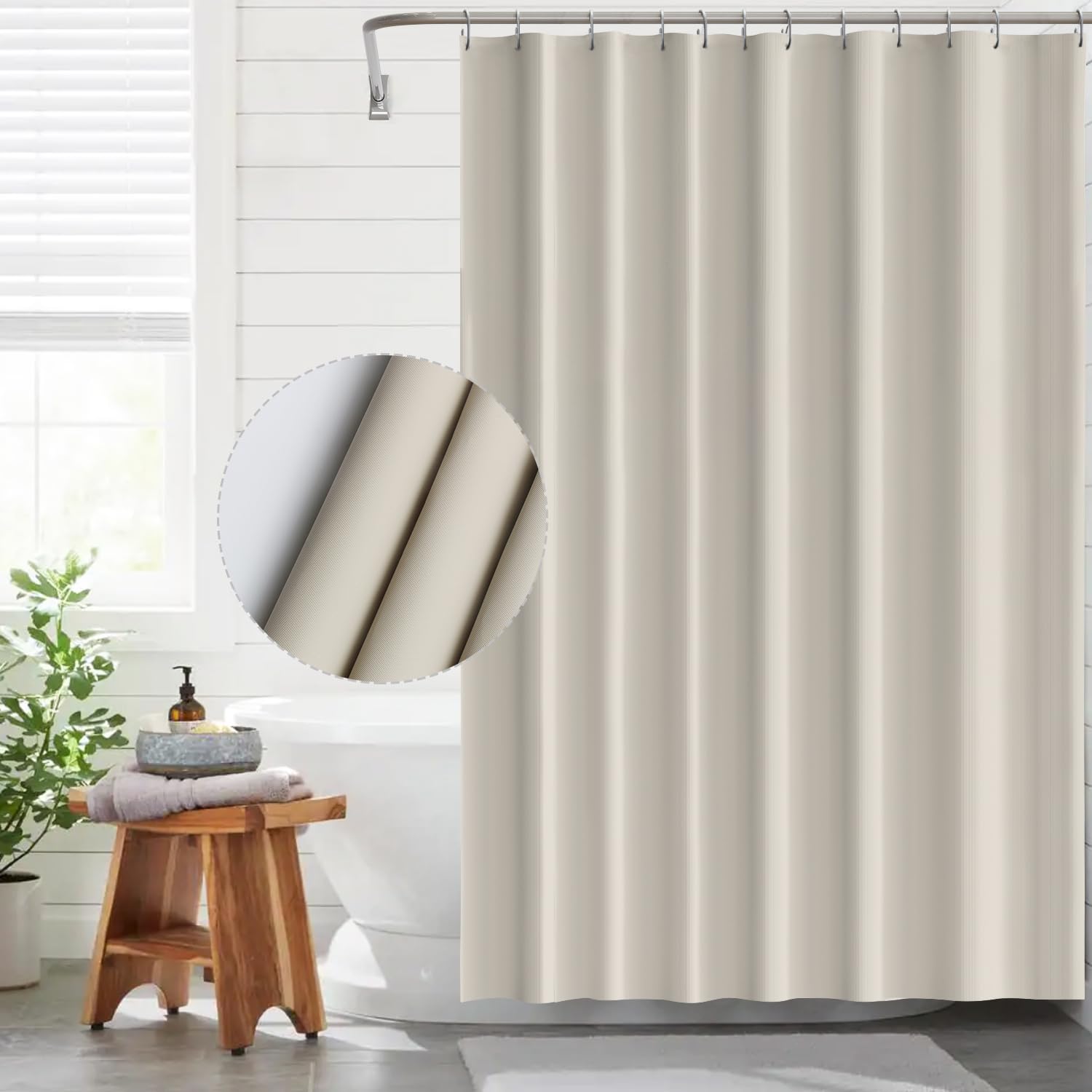 Funria Waterproof EVA Shower Curtain with 8 Hooks - Beige, 120x200cm