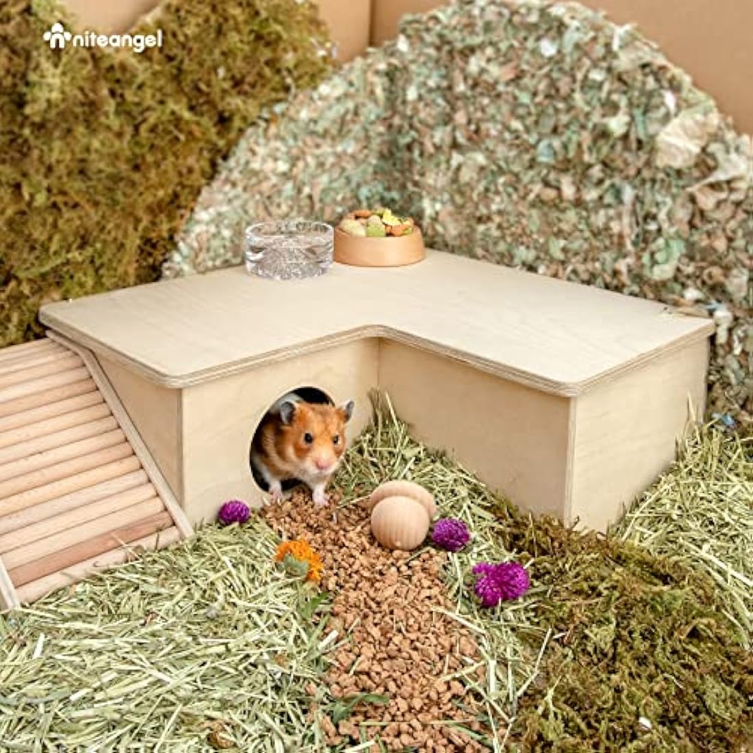 Niteangel 3-Chamber Hamster House Maze – Birch Wood Syrian Hamster Hideout