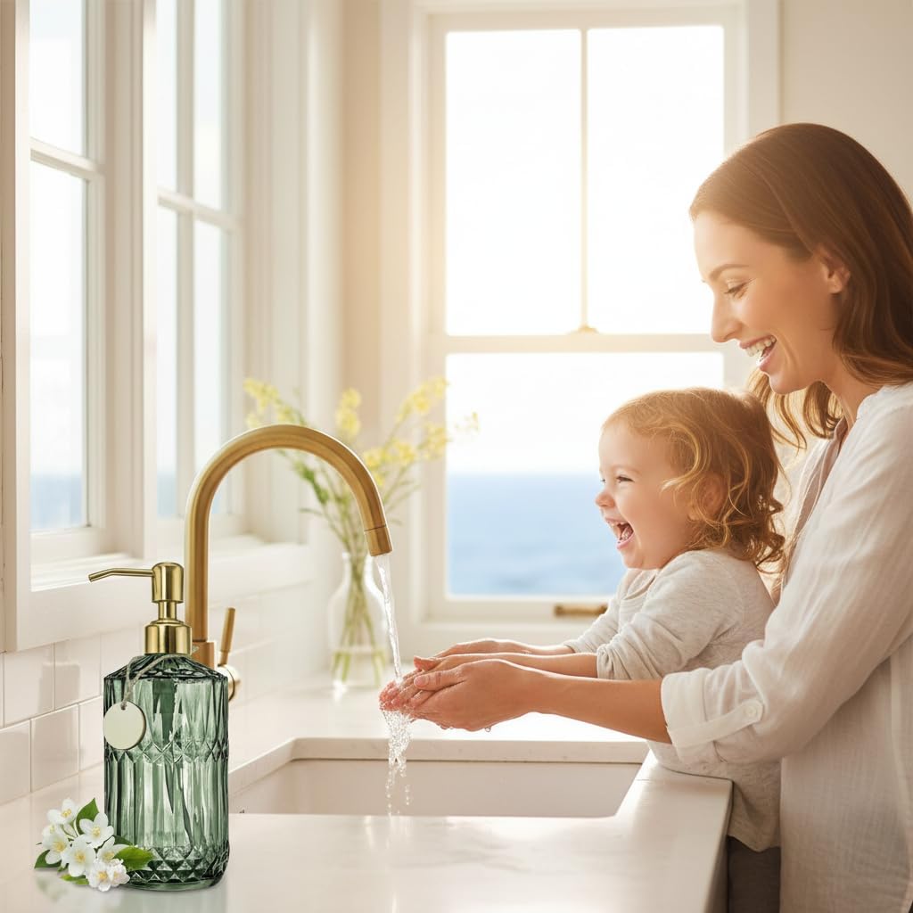 Gem Patterned Glass Soap Dispenser Bottle with Pump, 18Oz Refillable Liquid Hand Jar Dispenser for Bathroom, Countertop, Kitchen, Laundry Room Green - image 4