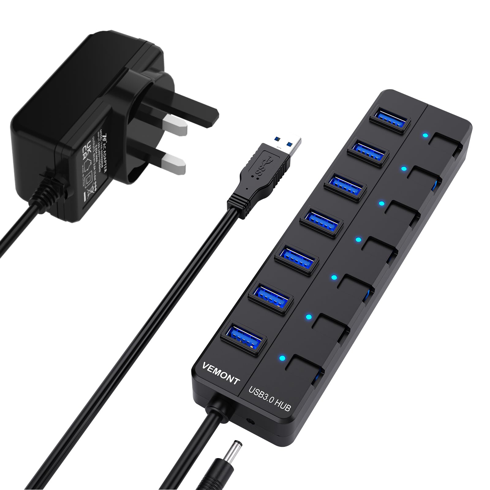 VEMONT 7-Port Powered USB 3.0 Hub with Individual Switches | 1.2m Cable