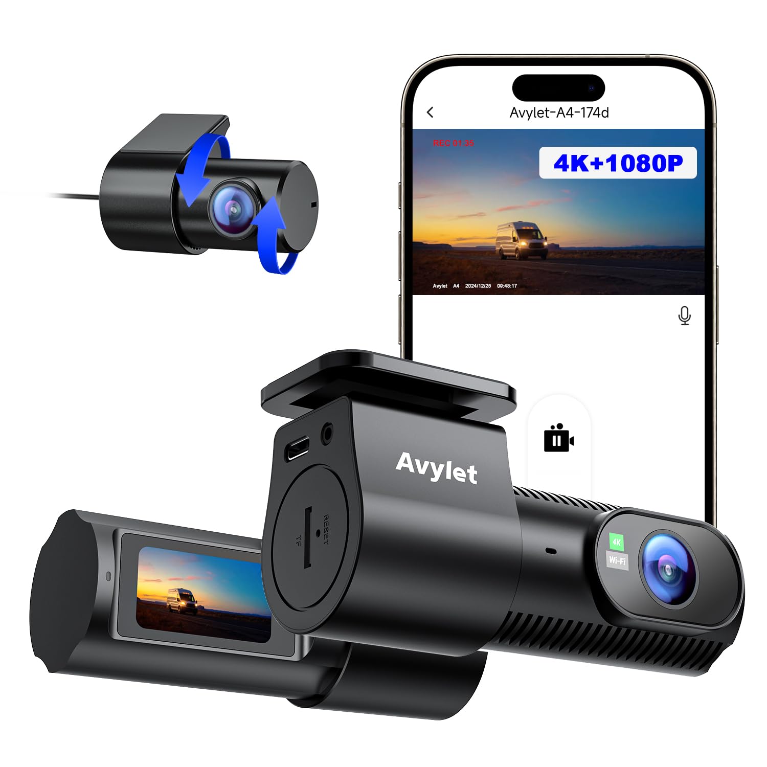 Avylet 4K Dual Dash Cam | Front and Rear WiFi Camera with GPS