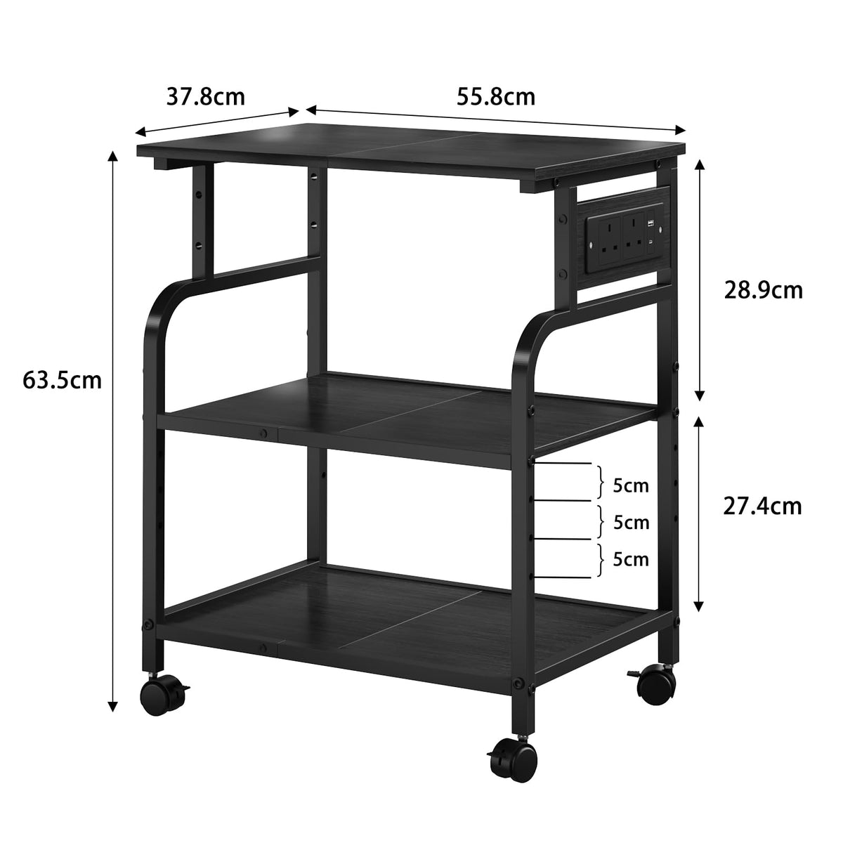 OYRREU 3-Tier Rolling Printer Stand with Outlets for Home, Office, Black - image 5