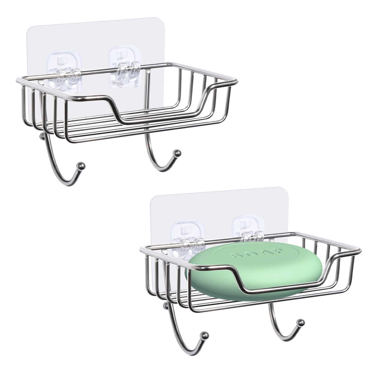 Uten 2 Pcs Strong Self Adhesive Soap Dish, Stainless Steel Soap Holder with Hook No Drilling, Wall Mounted Soap Tray for Shower Bathroom Kitchen - image 1