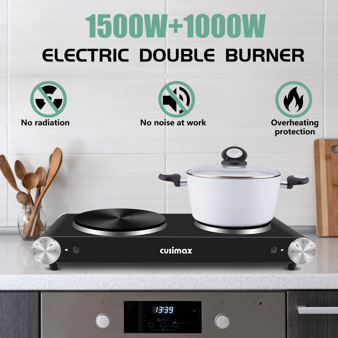 CUSIMAX Double Hot Plate | 2500W Portable Electric Hob with Cast Iron Rings