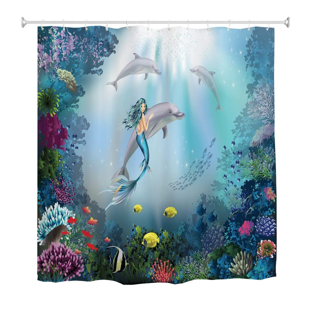 Goodbath Dolphin & Mermaid Shower Curtain | Mould Resistant Fabric | 180x180cm