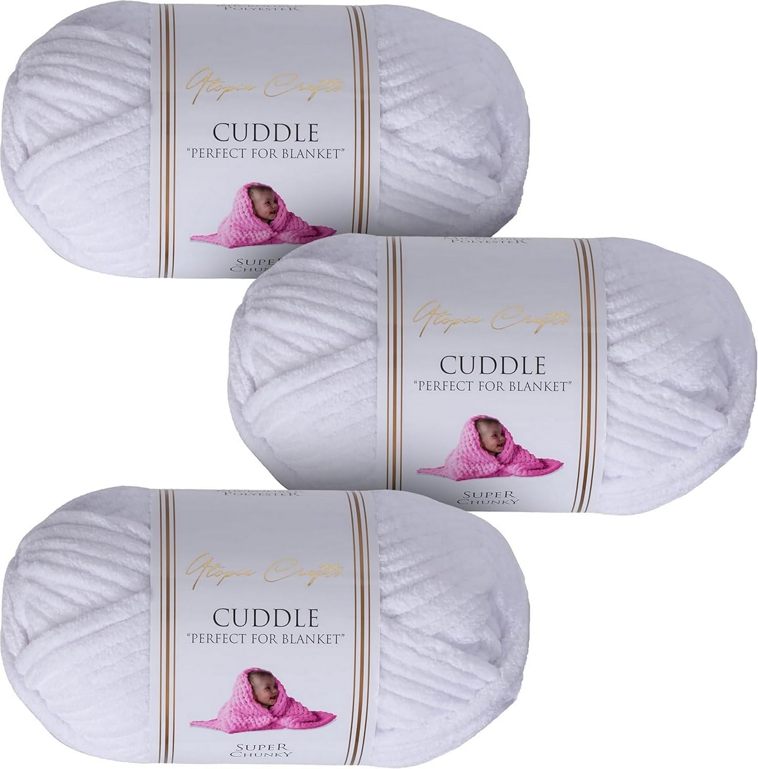 Utopia Crafts Cuddle Super Chunky Chenille Yarn - White 100g (Pack of 3)