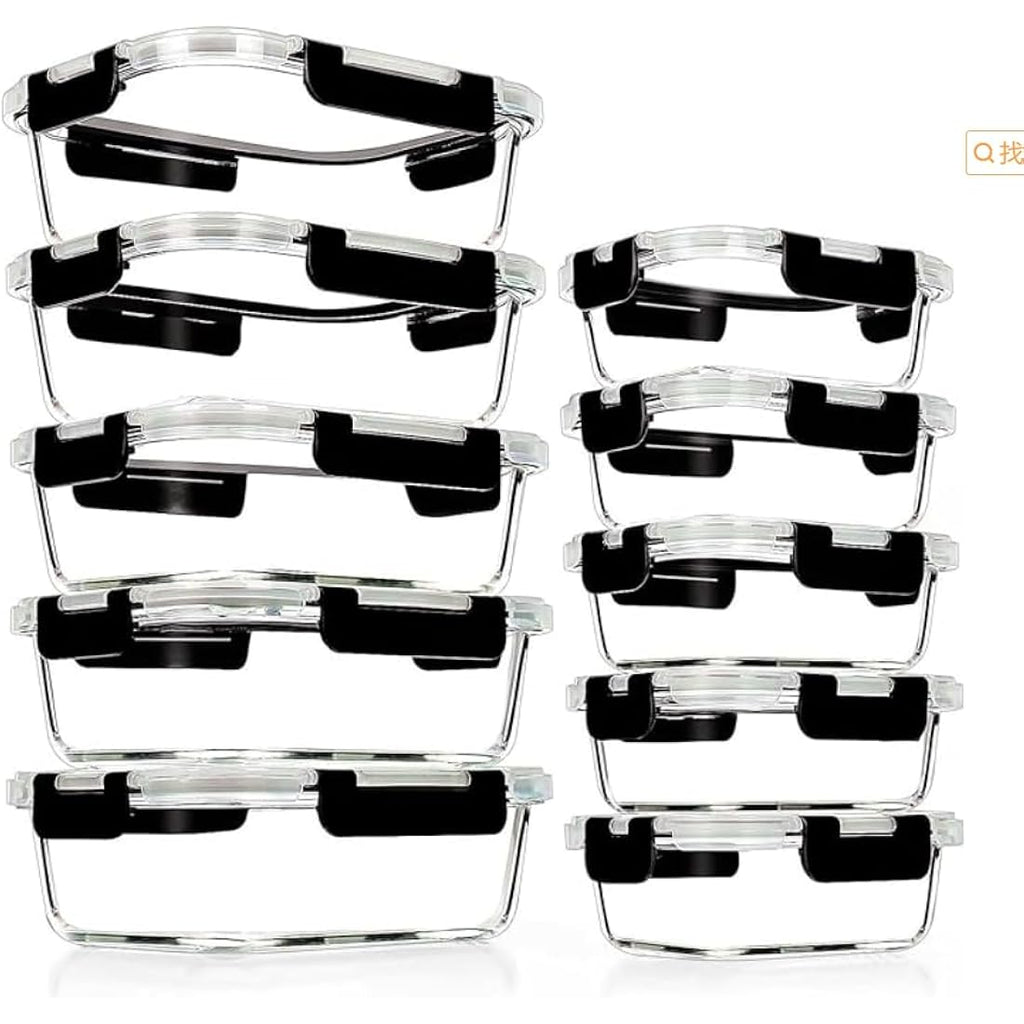 10-Pack Airtight Glass Meal Prep Containers - Black