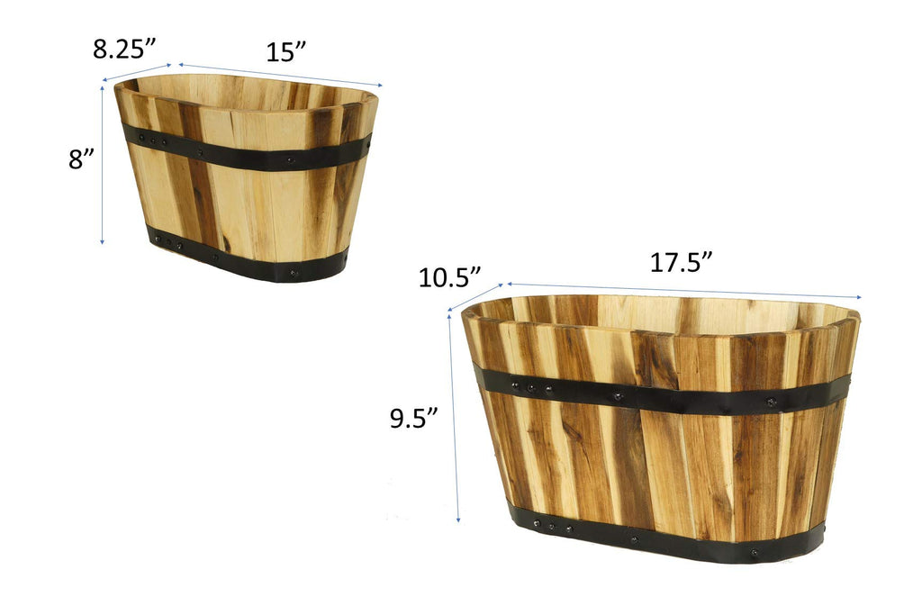 Acacia Wood Barrel Planters with Metal Bands, Set of 2