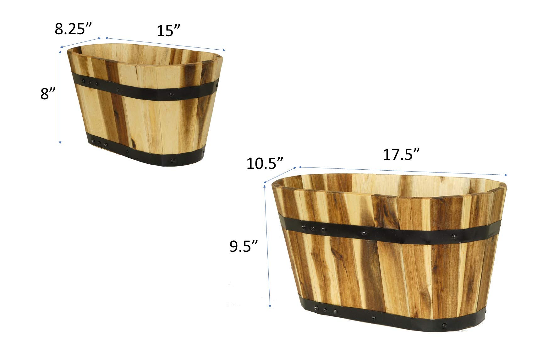 Acacia Wood Barrel Planters with Metal Bands, Set of 2