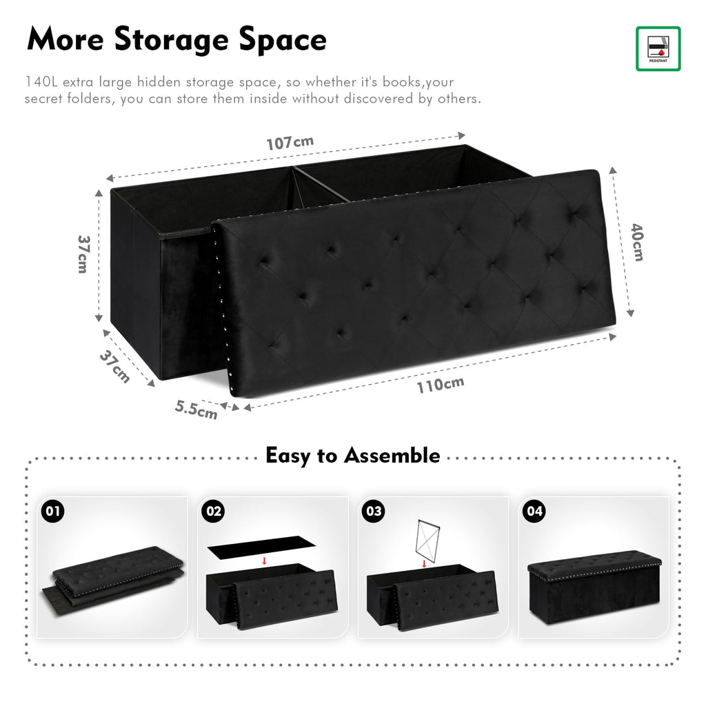 Bonlife Velvet Storage Ottoman Bench | Large Folding Footstool, 110cm