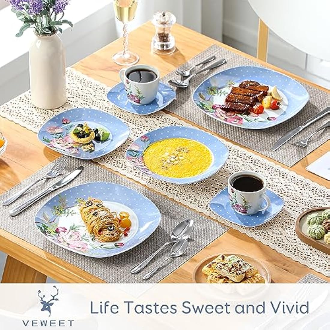 VEWEET Hannah 30-Piece Porcelain Dinner Set | Floral Service for 6