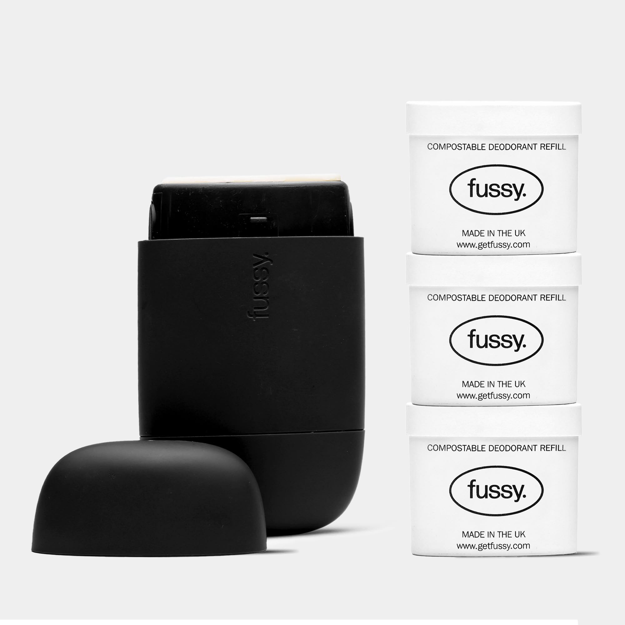 Fussy Natural Refillable Deodorant - Midnight Black Case & 3 Refills