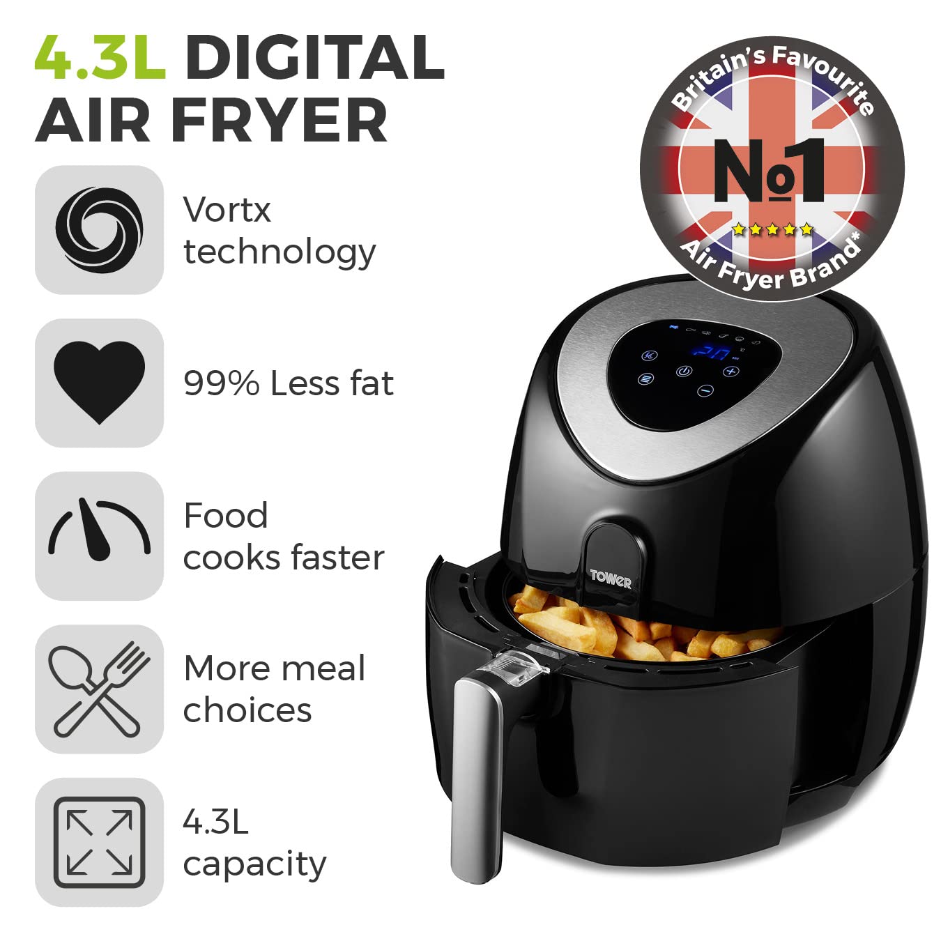 Tower Vortx T17024 Digital Air Fryer Oven | 4.3L Capacity – Black