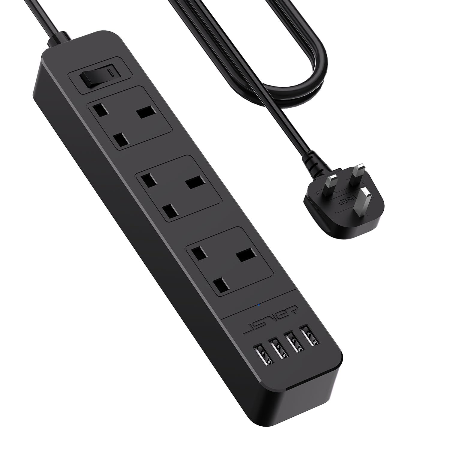 JSVER Extension Lead with 4 USB Ports | 3M Power Strip 3250W - Black