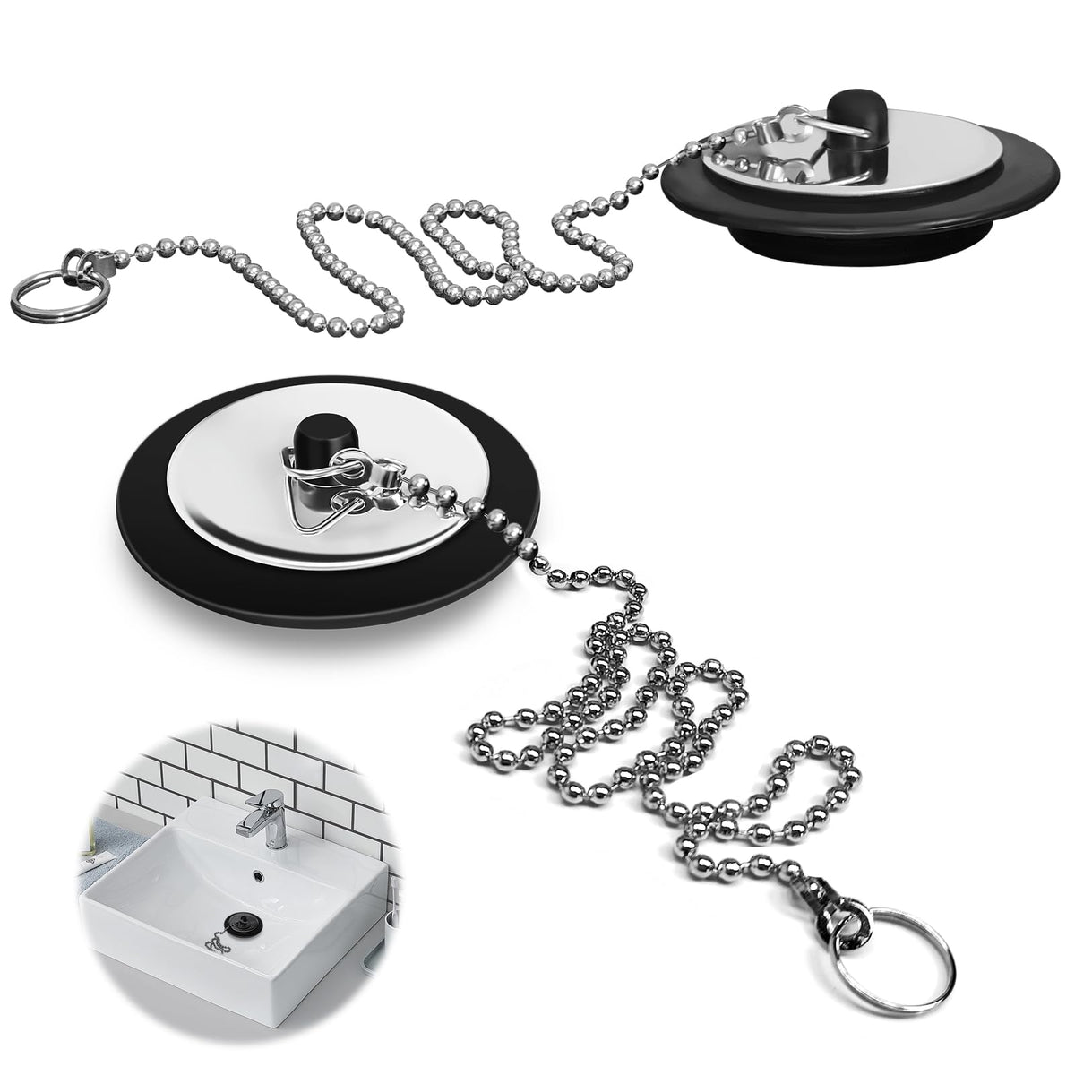 QINCINA 2 Pcs Universal Sink Plug, Black Rubber, 43mm, 23mm, Kitchen & Bathroom Sink Plug Replacement, 40cm Stainless Steel Chain 2 Pack