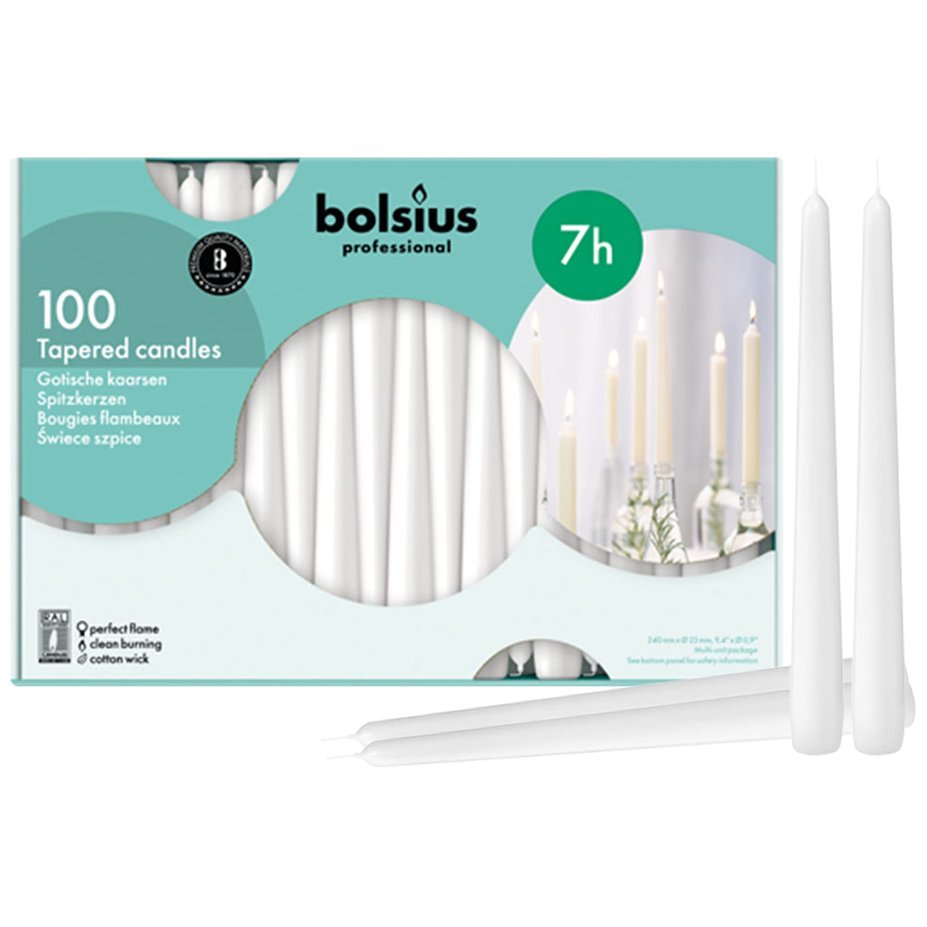 Bolsius White Tapered Dinner Candles - 10 Inch Wax Candles (Pack of 100)