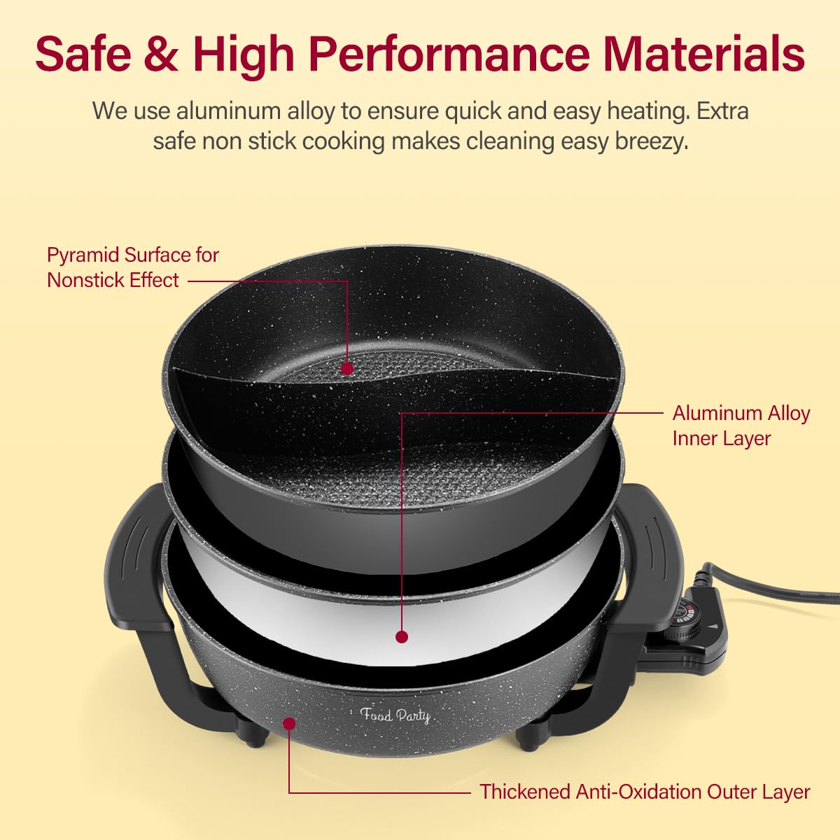 Food Party 6-Quart Electric Hot Pot with Divider | Non-Stick Shabu Shabu
