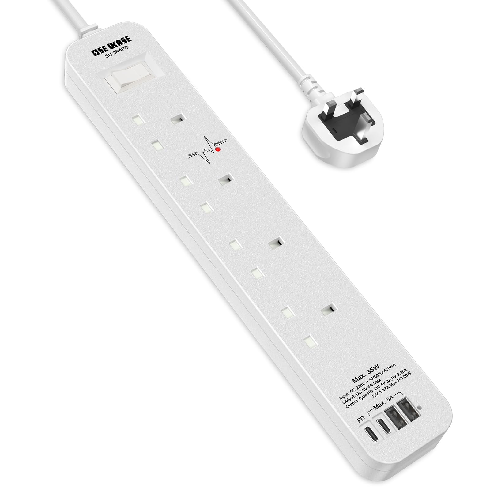 SE UKASE 4-Way Extension Lead with 20W USB C PD & Surge Protection