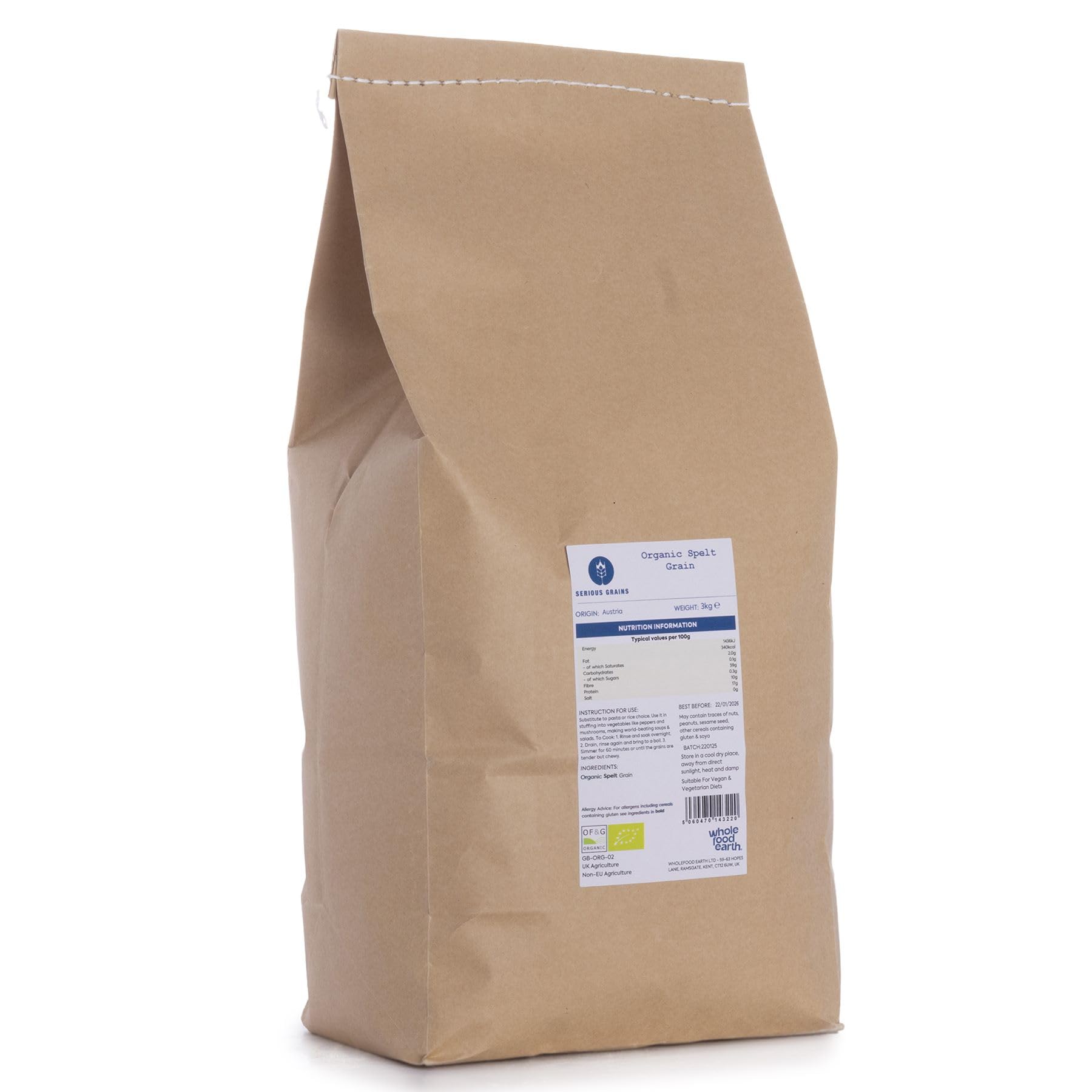 Whole Food Earth Organic Spelt Grain – 3kg High Fibre Ancient Grain