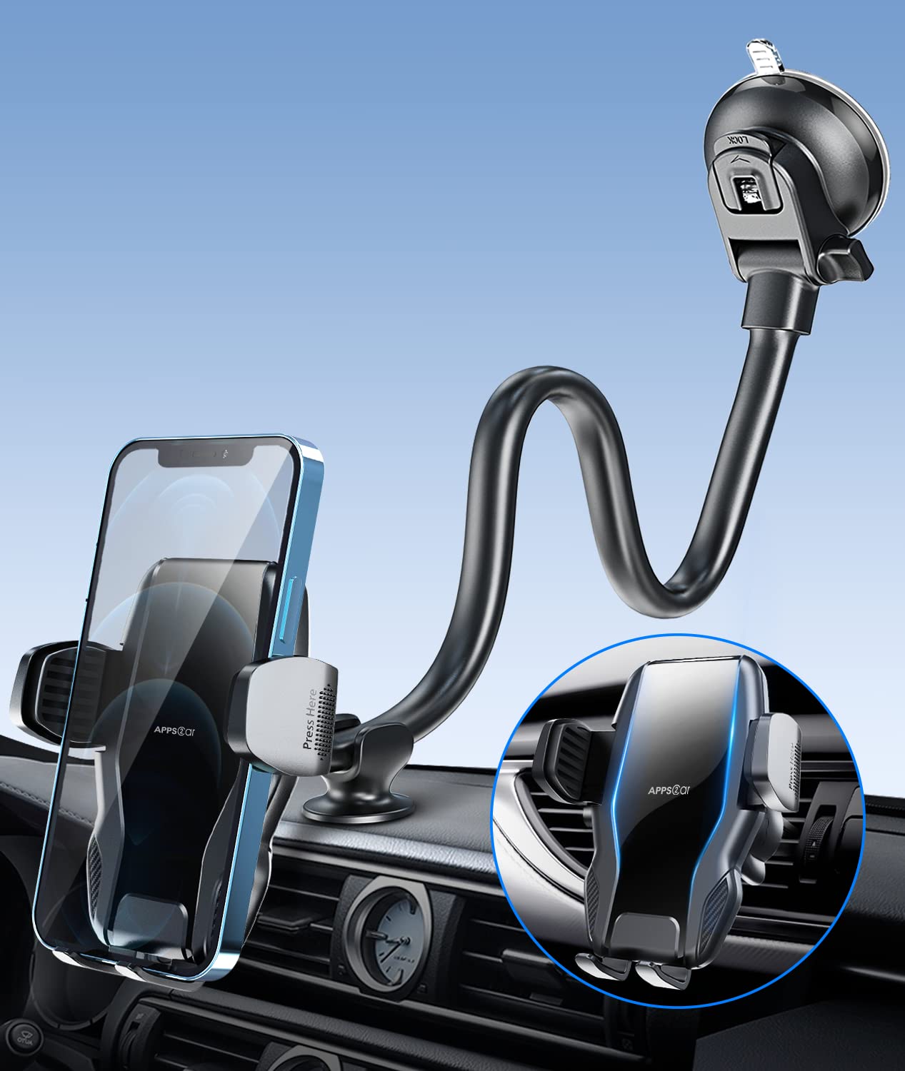 APPS2Car Gooseneck Truck Phone Holder – Long Arm Dashboard Mount