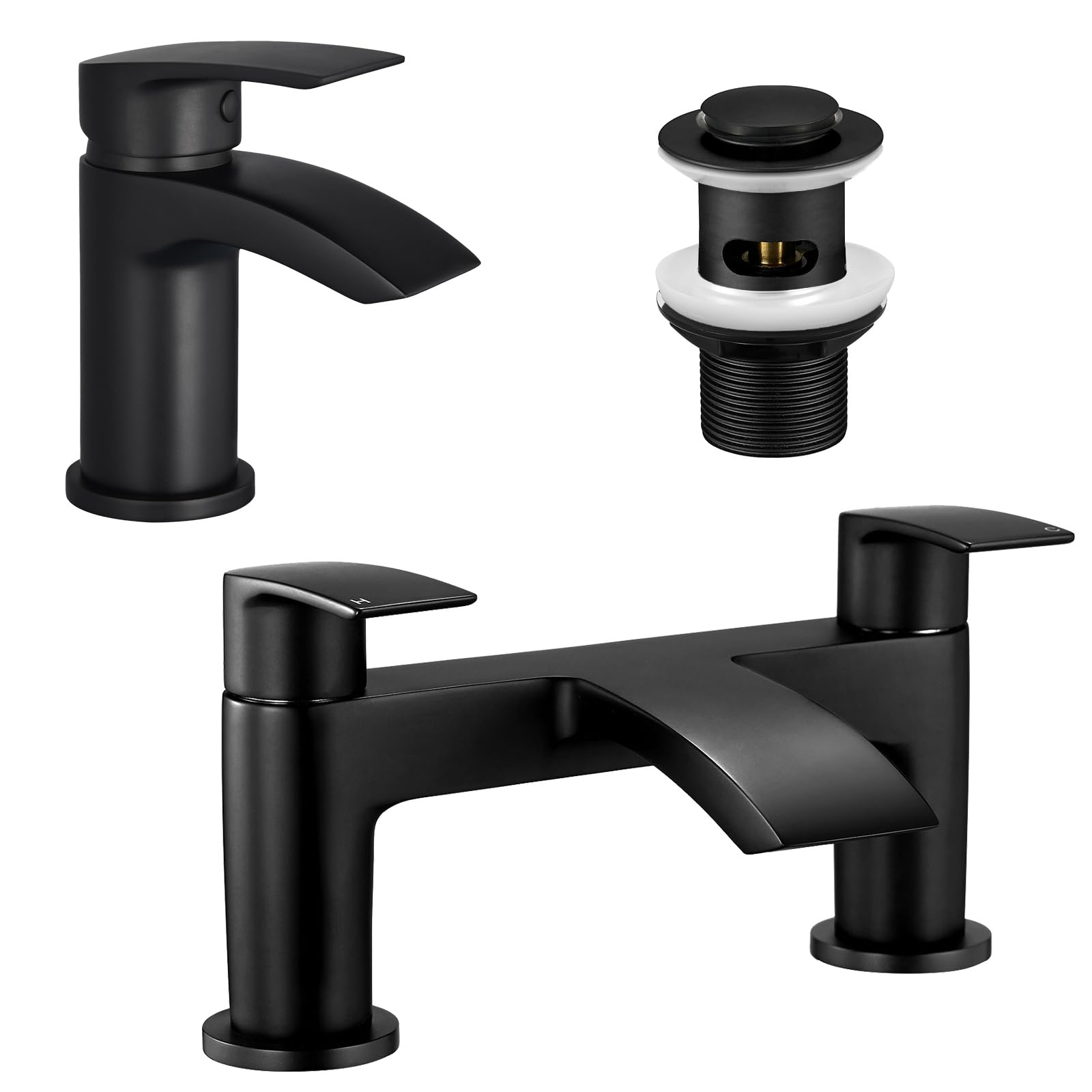 Jolof Store Matte Black Waterfall Bath and Basin Mixer Tap Set with Waste