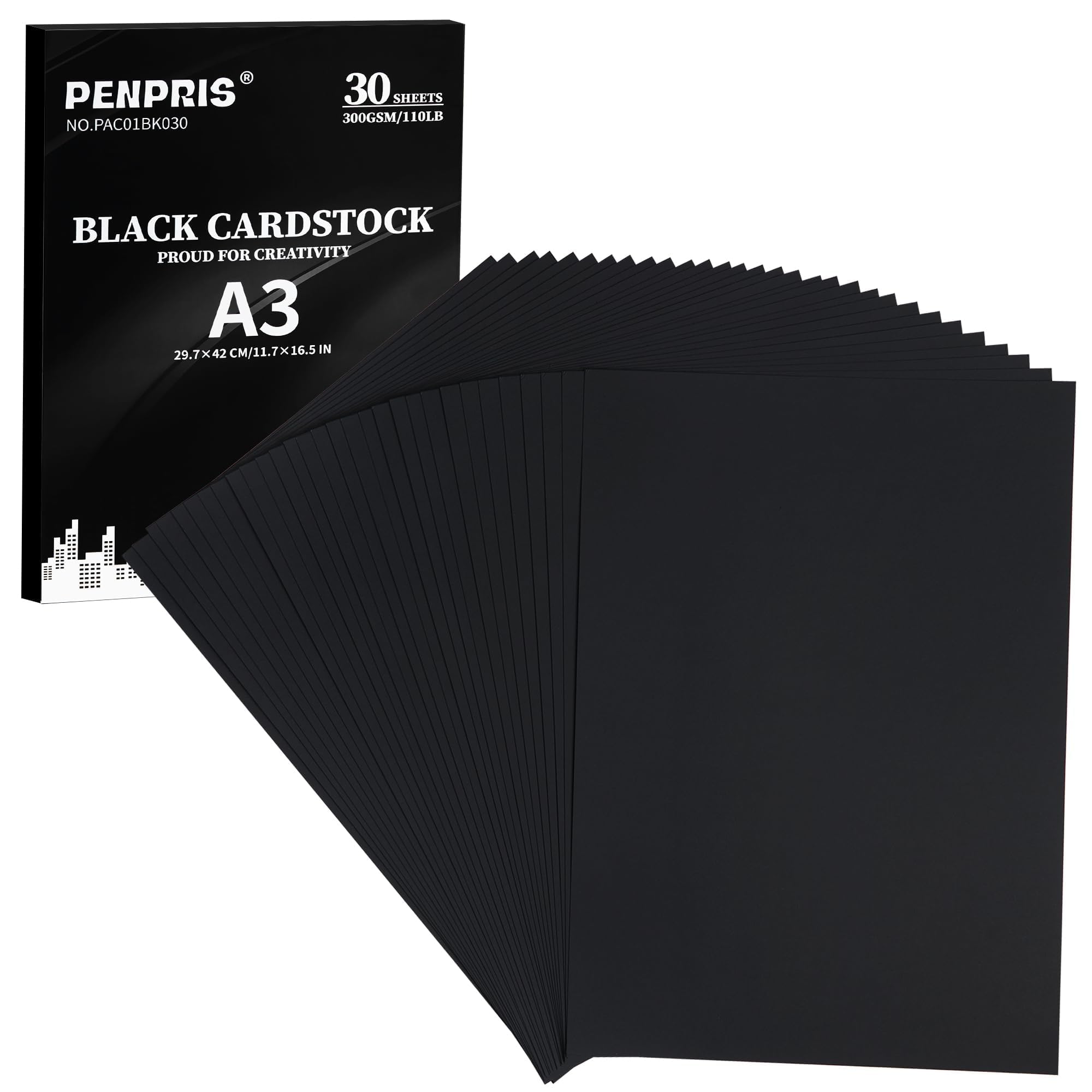 PENPRIS Black Cardstock | 30 Sheets A3 Size 110lb Heavyweight Paper